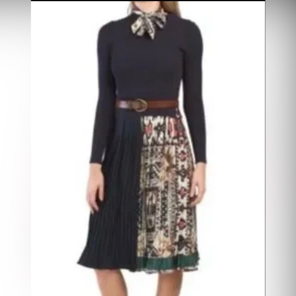 NWT Women’s Dalia MacPhee Navy Blue Mock Neck Pleated Skirt Sweater Dress Sz L